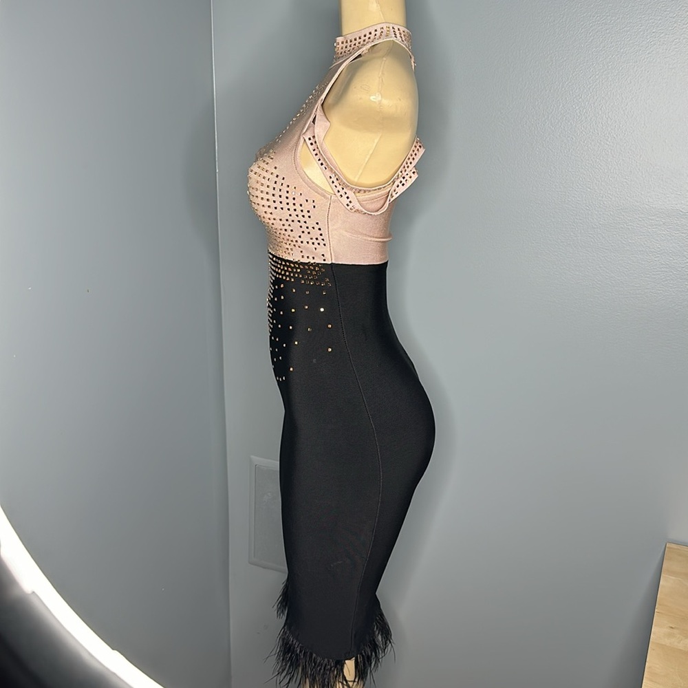Tan&black midi bodycon dress, crystal embellished sleeveless size XS - Picture 7 of 11